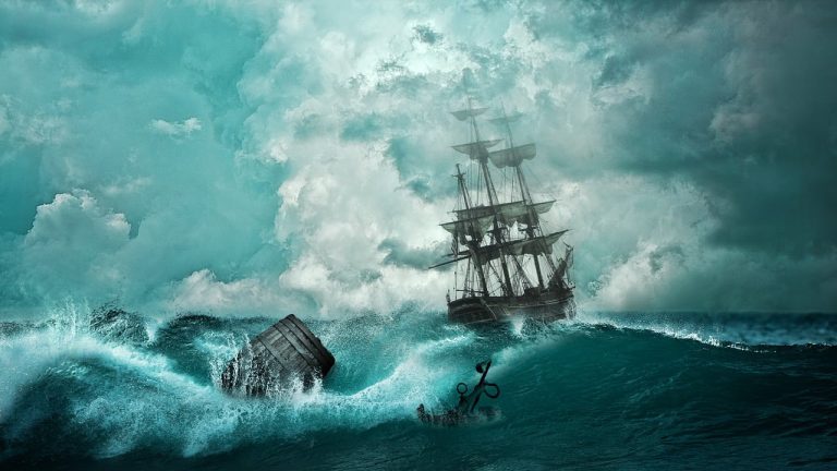 L'océan avec une tempête et un bateau